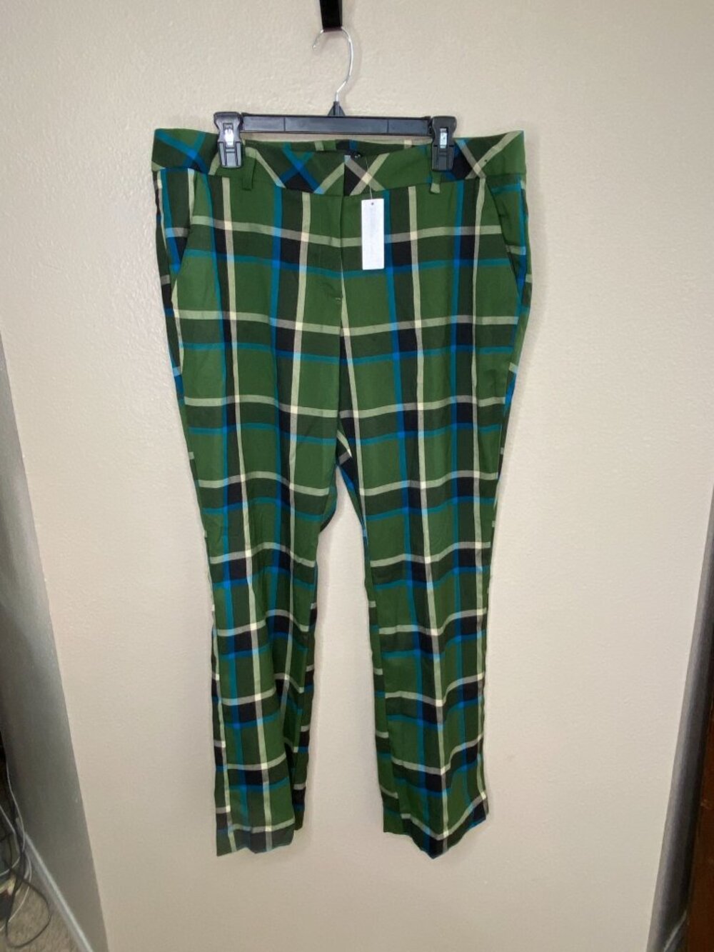 7th Avenue New York & Co. Womens Plaid Pants 16 Green Blue Polyester Blend New